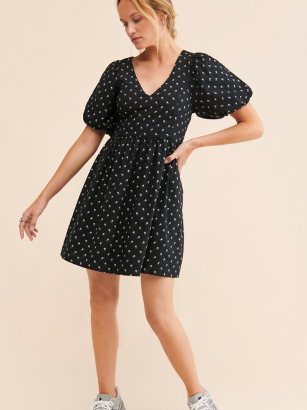 Madewell V-Neck Puff-Sleeve Mini Dress Floral True Black Women's - Size M